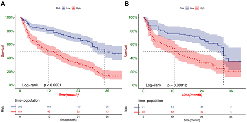 Figure 6 Kaplan-Meier curve analysis between high- and low- risk CHF patients in the derivation cohort (A) and validation cohort (B). The horizontal coordinate of the graph represents survival time, the vertical coordinate represents survival rate, the starting point is the start of follow-up, and the falling curve represents patient death. The P-value results from the Log rank test, which measures whether there is a difference in survival between the two curves.