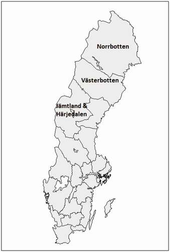 Figure 1. Map of Swedish regions with primary reindeer herding and Sámi settlement regions of Norrbotten, Västerbotten and Jämtland & Härjedalen marked. Map created with tool provided by Statistics Sweden