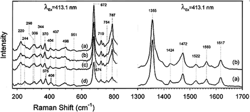 Figure 1. Low-frequency resonance Raman spectra of sol--gel encapsulated deoxyMb. The top spectrum (a) is at pH 7.0. After the jump of pH from 7.0 to 2.6, spectra were taken at (b) 5 min, (c) 15 min, and (d) 100 min. Each spectrum shows the data collected at 30 sec time intervals for spectra (a), (b), and (c) and 15 min for spectrum (d). For better clarity, the intensity of spectrum at Raman shifts in the range of wave numbers 200–1700 cm−1 for spectra (a--d) is vertically displaced (on left) and (a--b) (on right). The intensity of spectrum (d) is normalized to the same collection time (30 sec). Modified from the Reference with permission Citation7.