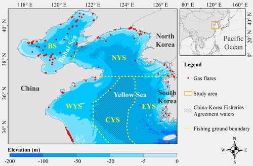 Figure 1. Map of the Yellow-Bohai Sea. The dashed golden lines separate the Bohai Sea (BS), Northern Yellow Sea (NYS), Western Yellow Sea (WYS), Central Yellow Sea (CYS), and Eastern Yellow Sea (EYS). The areas with black shadows denote the China-Korea fishery agreement waters, and the red points are gas flares.