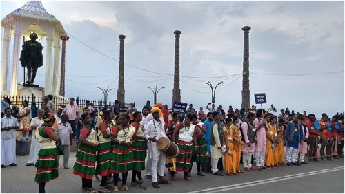 Figure 1. National unity in diversity on display as dance troupes from different Indian states, present in Puducherry for the Independence Day parade, line up on Puducherry’s promenade in front of a monument to Mahatma Gandhi to commence fete de Pondicherry. Photo by the author, 2017.