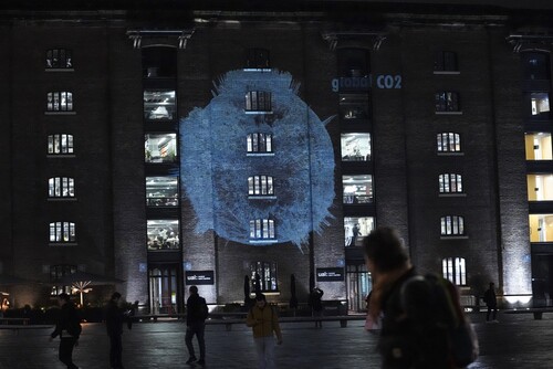 Figure 3. Guerrilla projection, climate data, Central Saint Martins, London, 10 November 2021 (photograph Tom Corby).