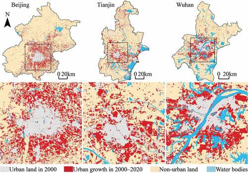 Figure 2. The urban growth of Beijing, Tianjin, and Wuhan during 2000–2020. The central zones of Beijing, Tianjin, and Wuhan have been enlarged to show details.