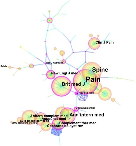 Figure 4 Journal cocitation map related to acupuncture for LBP research from 1997 to 2016.
