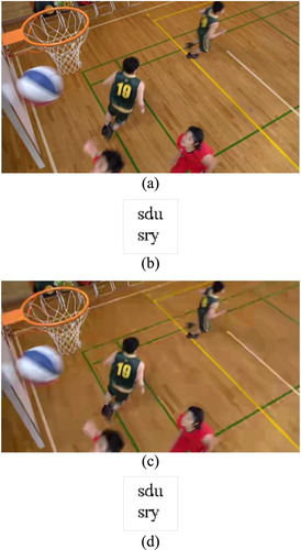 Figure 18 Anti-HEVC recompression test: (a) watermarked reconstructed frame (QP = 28), (b) the watermark extracted from (a), (c) watermarked reconstructed frame (QP = 44), and (d) the watermark extracted from (c)