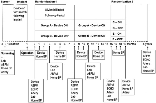 Figure 1. ABPM: 24-h ambulatory blood pressure measurement after witnessed drug intake; ECHO: echocardiography, Artery: measurements of arterial and autonomic function; Lab: blood and urine samples; Home BP: home blood pressure measurements (2 measurements every morning and evening for 1 week); Device: Titration (according to Home BP) and check of the BAT device.