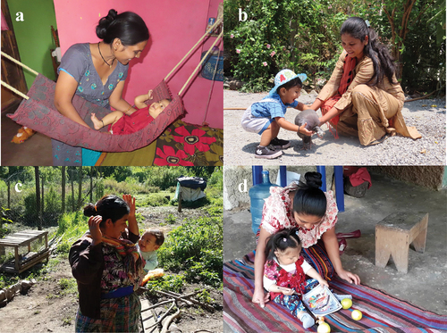 Figure 2. Example photos adapted for use by rural frontline worker cohorts for the GMCD early childhood development intervention in India (a, b) and Guatemala (c, d). (a) Mother talking with infant in a homemade swing (b) Mother encouraging play with a domestic animal (c) Mother engaging carried infant in peek-a-boo game (d) Mother playing with child on prepared play surface on outside patio.