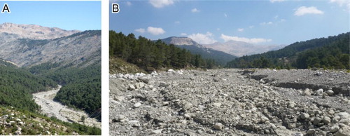 Figure 6. (A) Upper part of Kara Creek, the conduit by which material is transferred downstream from the Akdag landslide complex. (B) Massive aggradation on the upper section of Kara Creek.