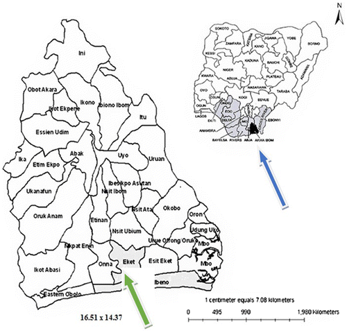 Figure 1. Map of Nigeria and Akwa Ibom State, showing the map.