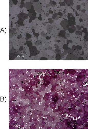 Figure 6. Etched microstructure of UN:3 (A) and the UN–U3Si2 composite (B), showing an average grain size of 8.1 and 9.1 μm, respectively. For the composite, the bright regions represent U3Si2 phases while the remainder represents the dominant UN phase.