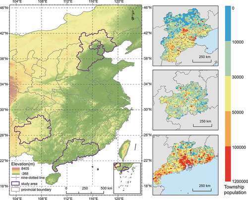 Figure 1. Location of the study area and population distribution of the township.