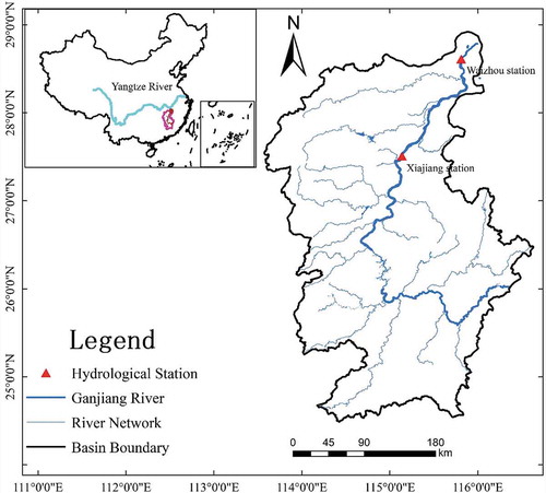 Figure 1. Location of the Ganjiang River basin in China and the Xiajiang and Waizhou hydrological stations.
