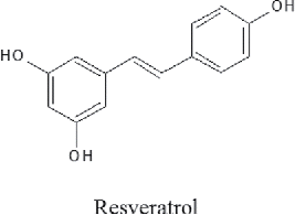 Figure 1. Chemical structure of resveratrol. A natural polyphenol, resveratrol is the benefical compound found in various plant species such as berries, peanuts, and particularly grape.