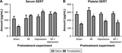Figure 2 (A) In the saline group, MI, depression, and MI + depression rats had higher serum SERT than sham-operated rats but it was not significantly different. In the trimetazidine group, serum levels of SERT were significantly higher than sham-operated rats in the MI, depression, and MI + depression rats. The treatment significantly decreased serum SERT in sham-operated rats, and significantly increased serum SERT in depression rats compared to the control. *P<0.05, indicating a statistically significant difference between the control and trimetazidine group. (B) In the saline group, MI, depression, and MI + depression subgroups had increased platelet SERT levels compared to sham-operated rats but it was not significant. In the trimetazidine group, MI, MI + depression, and depression rats had significant increases in platelet SERT over sham-operated rats. The treatment caused significant decreases in platelet SERT in all disease models compared to the control. *P<0.05, indicating a statistically significant difference between the control and trimetazidine group.