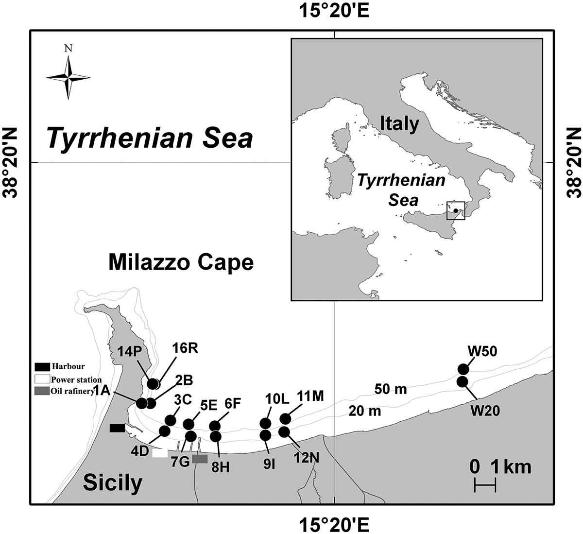 Figure 1. Map of the Gulf of Milazzo (Sicily, Tyrrhenian Sea, Western Mediterranean Sea), showing the location of the sampling sites (black circles).