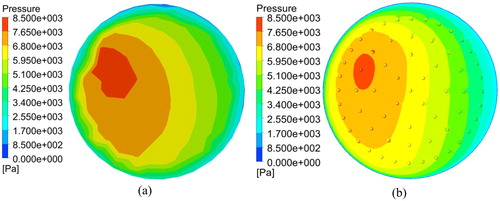 Figure 18. Pressure distribution on the spoiler: (a) without bionic structure; (b) with bionic structure.