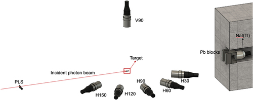 Figure 1. Schematic plastic scintillator (PLS), target, and six neutron detectors in Optics Hatch 2.