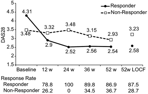 Figure 1. Trend in DAS28 at each observation point. Mean DAS28 values at each observation point and at 52 weeks with missing data supplemented are shown for Responders and Non-responders. The solid line is Responders, and the broken line is Non-responders. The EULAR response criteria effective rate at each observation point is shown at the bottom. LOCF, last observation carried forward.