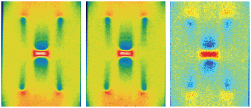 Figure 17 Comparison of TSA results obtained under a variable amplitude flight-load spectrum (left) and pure sinusoidal loading (middle). Also shown is the quadrature component from a rear-side (external wing-surface) inspection (right).