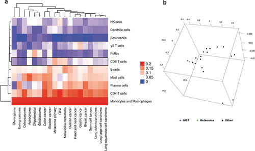 Figure 2. (a) Unsupervised hierarchical clustering of the tumor-infiltrating composition of GIST and other solid tumor types. The heatmap shows that CD8+ T cells are particularly enriched in GIST and melanoma (primary and metastatic). (b) Principal component analysis of CIBERSORT results of GIST (in purple) and other solid tumors.