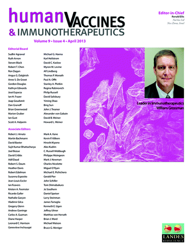 Figure 2. Cover of Human Vaccines and Immunoterapies Volume 9, Issue 3 (April 2013).