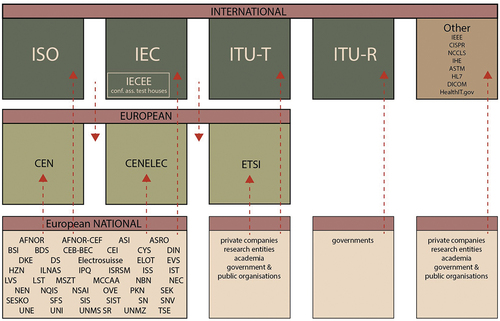 Figure 2. A simplified landscape of the inter-relationships of European and global bodies engaged in the development of standards for AI medical devices.