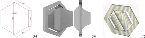 Figure 7. (a) Dimension of honeycomb windmill module. (b) Previous design of savonius wind turbine model. (c) Optimized Savonius wind turbine module with four blades.