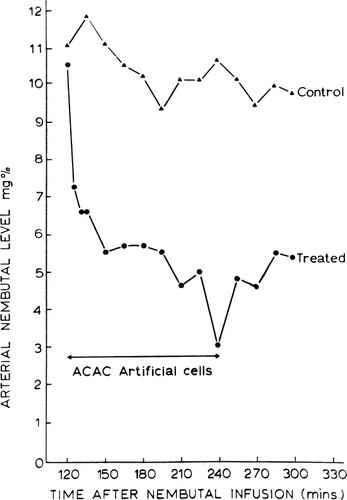 Figure 55. Arterial pentobarbital level in dogs. Control: dog without treatment. Treated: dog with systematic circulation connected to an extracorporeal shunt containing 300 gm of ACAC artificial cells (blood flow 200 ml/mg) for two hours.