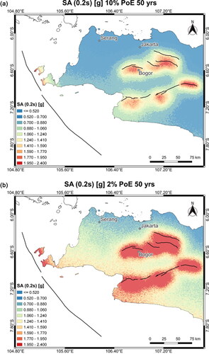 Figure 6. The seismic hazard map for mean SA (0.2s) at bedrock corresponds to (a) 475-year return periods and (b) 2475-year return periods (equivalent to a 10% and 2% probability of exceedance (PoE) in 50 years). The same colour scale is used for both PoE. The black lines depict active crustal faults. The plotted cities are the areas evaluated in terms of hazard curves and disaggregation.