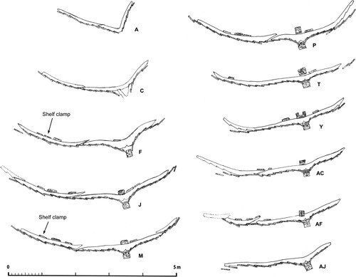 Figure 9. Sections seen from the bow drawn from John Söderberg’s originals, supplemented with shelf clamp, remains of ceiling and keelson. The positions of the sections are indicated on Figure 8 (Niklas Eriksson).