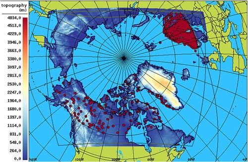 Fig. 1 The Canadian Arctic Prediction System domain and topography field (grey line and colour-scale). Superimposed are the stations used for evaluating the verification statistics, over the Fennoscandia (497 stations) and the North America North domain (140 stations). The contour of the Regional Deterministic Prediction System is also superimposed (grey line).