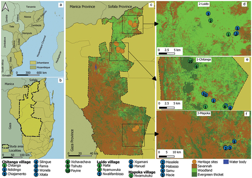Figure 1. Map (a) shows the location of Inhambane province, Mozambique, and neighbourhood countries. Map (b) presents the localities of Inhambane province and the study area. Map (c) illustrates the vegetation types covering the study area. Maps (d–f) illustrate the location of heritage sites in the three case studies. A green and blue background in the numbers represents forest patches and ceremonial places respectively.