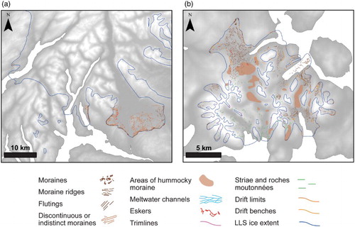 Figure 4. Examples of the variable quality and unequal distribution of geomorphological mapping (a) the contrast between the detailed mapping of the Loch Lomond area in comparison to the surrounding Southwest Scottish Highlands (after CitationSutherland, 1981; CitationRose, 1980, Citation1981; CitationRose & Smith, 2008). LLS ice extent adapted from CitationThompson (1972), CitationSutherland (1981) and CitationClark et al. (2004). (b) extensive and highly detailed mapping of the Isle of Skye (after CitationBallantyne, 1989; CitationBenn, 1990, Citation1992, Citation1993; CitationBenn et al., 1992; CitationDix & Duck, 2000). LLS ice extent adapted from CitationBenn et al. (1992). GB Digital Elevation Model from ShareGeo, available at www.sharegeo.ac.uk/handle/10672/5. Original data set from NASA. UK outline reproduced from Ordnance Survey map data © Crown Copyright and Database Right 2014. Ordnance Survey (Digimap Licence).