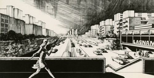 Figure 9. A sketch of a pedestrian overpass providing access to the commercial centre of Lasnamäe, Tallinn. Source: Museum of Estonian Architecture, used with permission.