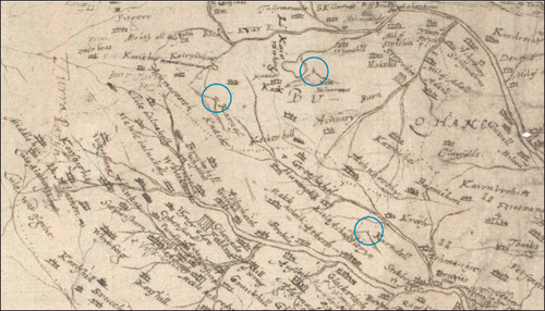Fig. 4. Section of the Pont map of Buchan (MS.70.2.9 [Pont 10]) with the two crosses and one pillar circled. (Reproduced with the kind permission of the National Library of Scotland).