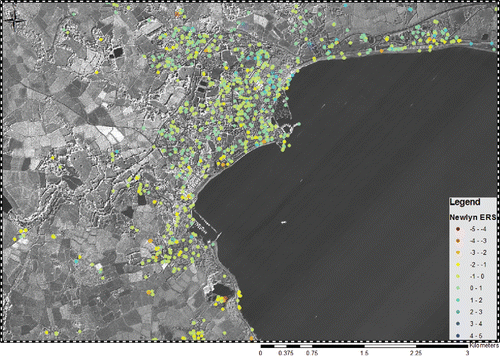 Figure 10. PSI relative vertical land movements in the area around the Newlyn tide gauge for the period from 1995 to 1999 from Adamska (Citation2012). In general, the bluish color indicates uplift, reddish indicates subsidence and shades of green suggest areas that are stable. Units are mm/year.