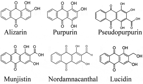 Figure 1. Chemical structures of some main anthraquinone-based colorants present in the Rubia tinctorum L. root.