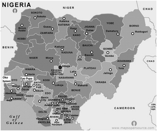 Figure 2. Study villages in Nigeria. Source: http://mapsopensource.com/nigeria-map-black-and-white.html accessed 5 June 2017. Map licensed under a Creative Commons Attribution 3.0 Unported License (see https://creativecommons.org/licenses/by/3.0/deed.en_US); labels are ours.