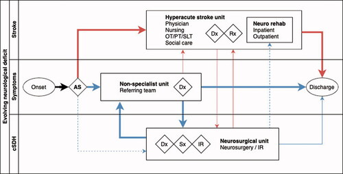 Figure 2. Comparison of patient pathways for chronic subdural haematoma and acute stroke demonstrating common themes and journeys. Width of line indicative of proportion of patients in each diagnostic cohort following that pathway. Dashed lines indicate an ‘exceptional’ route of presentation (e.g. a patient with a chronic subdural transferred directly to a neurosciences centre as the closest local facility). Blue lines indicate pathway for patients with chronic subdural and red lines indicate patients with acute stroke. AS: ambulance service; cSDH: chronic subdural haematoma; Dx: diagnosis: IR interventional radiology; Rx: medical treatment; Sx: surgical treatment.
