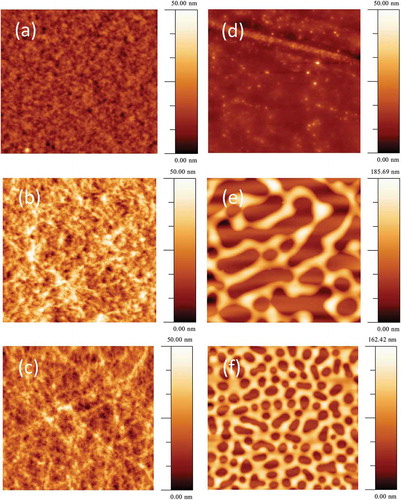 Figure 4. Morphology of active layer films spin coated onto glass: (a) PC70BM: PBDTTT-C 1.5: 1.0, Image size: 10 μm × 10 μm. (b) Cy7T03 (c) Cy7T05. Image size: 5 μm × 5 μm. (d) Cy7P01. (e) Cy7P03. (f) Cy7P05. Image size: 10 μm × 10 μm.