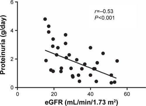 Figure 4 The inverse correlation between daily proteinuria and estimated glomerular filtration rate (eGFR).