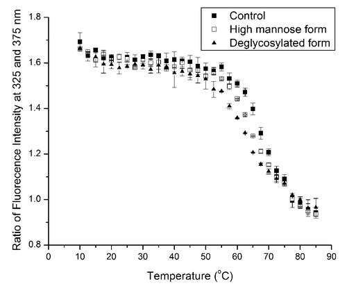 Figure 5. Thermal unfolding of control (filled squares), high mannose (open squares), and deglycosylated (filled triangles) forms from fluorescence measurements. Ratios of fluorescence intensities at 325 and 375 nm are plotted vs. temperature.