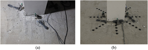 Figure 8. Internal strengthened connection C2: (a) before strengthening (end of test CYC-1); (b) at the end of the test CYC-2.