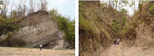 Figure 3. Thickly bedded alternating bands of coarse and fine-grained sandstones in the Middle Siwaliks (left) and loose conglomerate in the Upper Siwaliks as seen in the upstream of the Jalad River (right). Available in colour online.