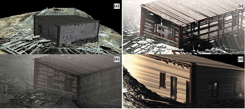 Figure 8. (a) Raster-textured 3D model of the south wall in 1921 of the A/S Kulspids building; (b, c) stages of decomposition of the building in various visualization/light/environment options, south wall; (d) full 3D textured building south wall.