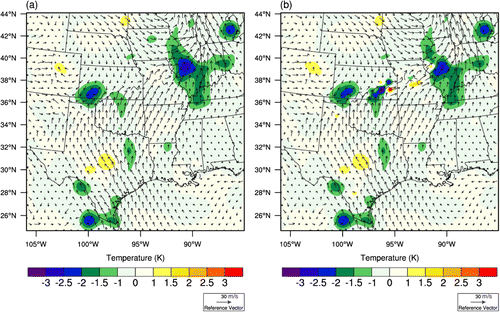 Figure 14. Wind analysis overlay with analysis increment of temperature from (a) GTS and (b) GTS+RAIN at 850 hPa at 0000 UTC 9 June.