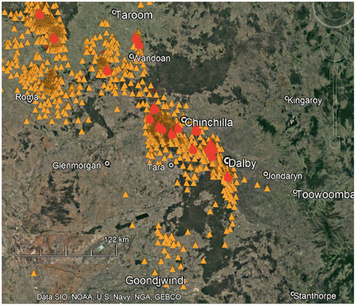 Figure 3. Map: gas wells (triangles), CSG emission reporting sites (flame). Source Google Earth Pro, overlay Landstat/Copernicus. (cited 2017 August 4).