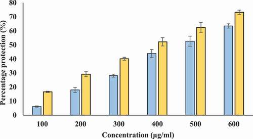 Figure 9. Percentage protection of heat induced protein denaturation. X-axis indicates the various concentrations (100–600 µg/ml) of Tamarix extract (blue) and T-AgNPs (yellow). The results are presented as means ± SEM (n = 3, p < .05)
