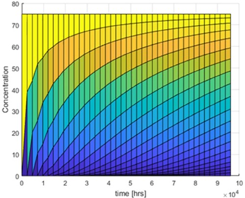 Figure 14. Numerical simulation of concentration in time.