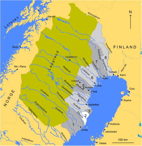 Figure 2. Map of the study area with the parishes marked out: (1) Umeå parish, (2) Bygdeå parish, (3) Lövånger parish, (4) Skellefteå parish, (5) Piteå parish, (6) Luleå parish, (7) Kalix parish and (8) Torneå parish. Localities mentioned in the text are marked as filled triangle.